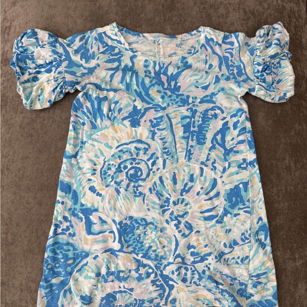 Blue and White Patterned Dress with Puff Sleeves